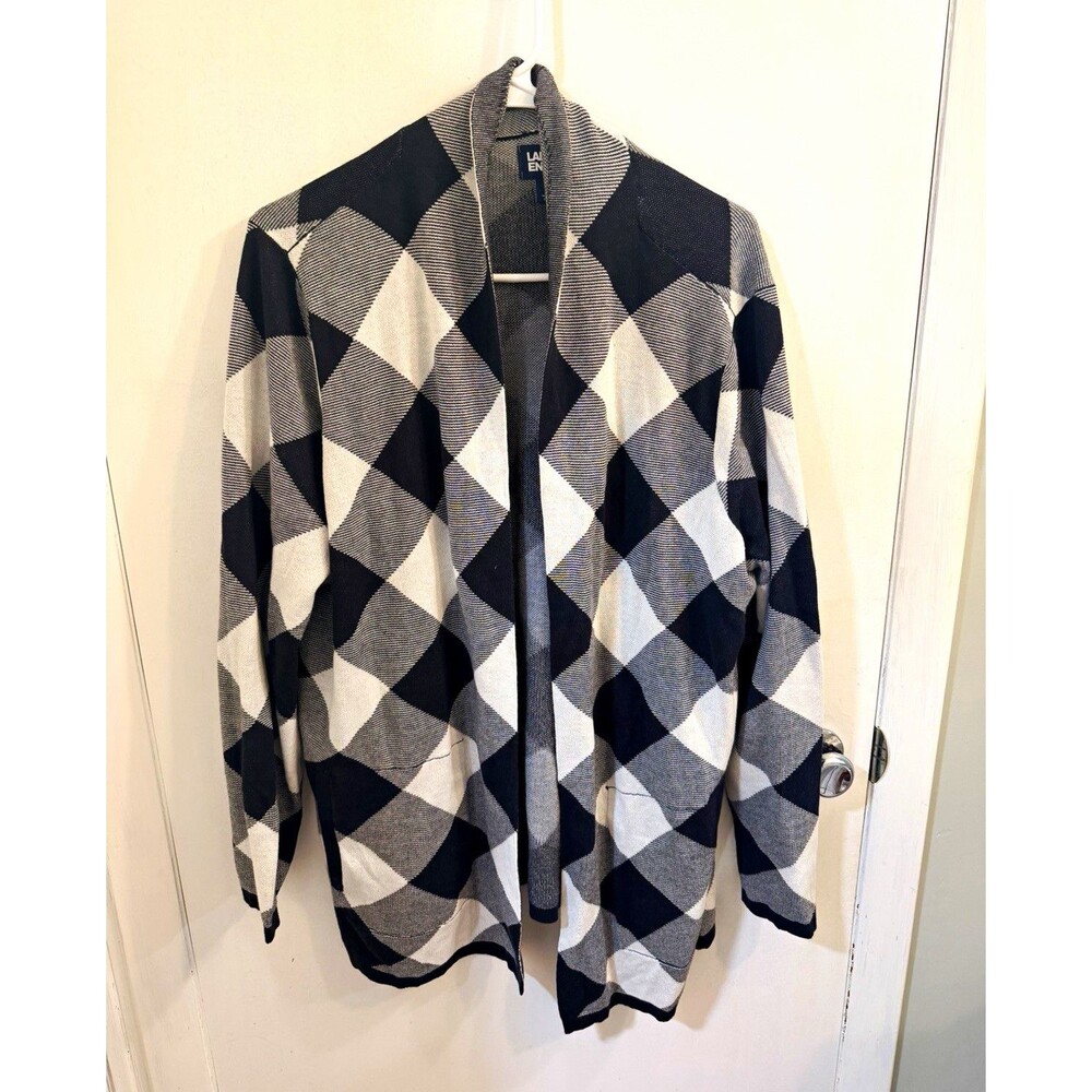 Lands' End Women's XL Cotton Plaid Open Front Cardigan Sweater V-Neck Pockets